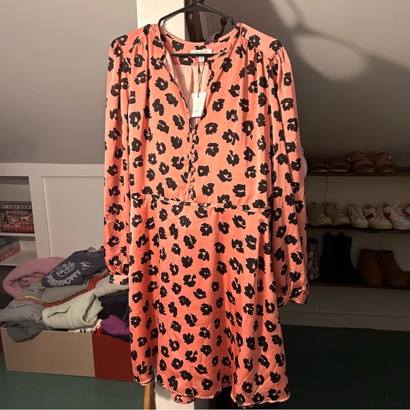 NWT EQUIPMENT Danette Long Sleeve A-Line Dress Pink and Black Size Large - Picture 2 of 11